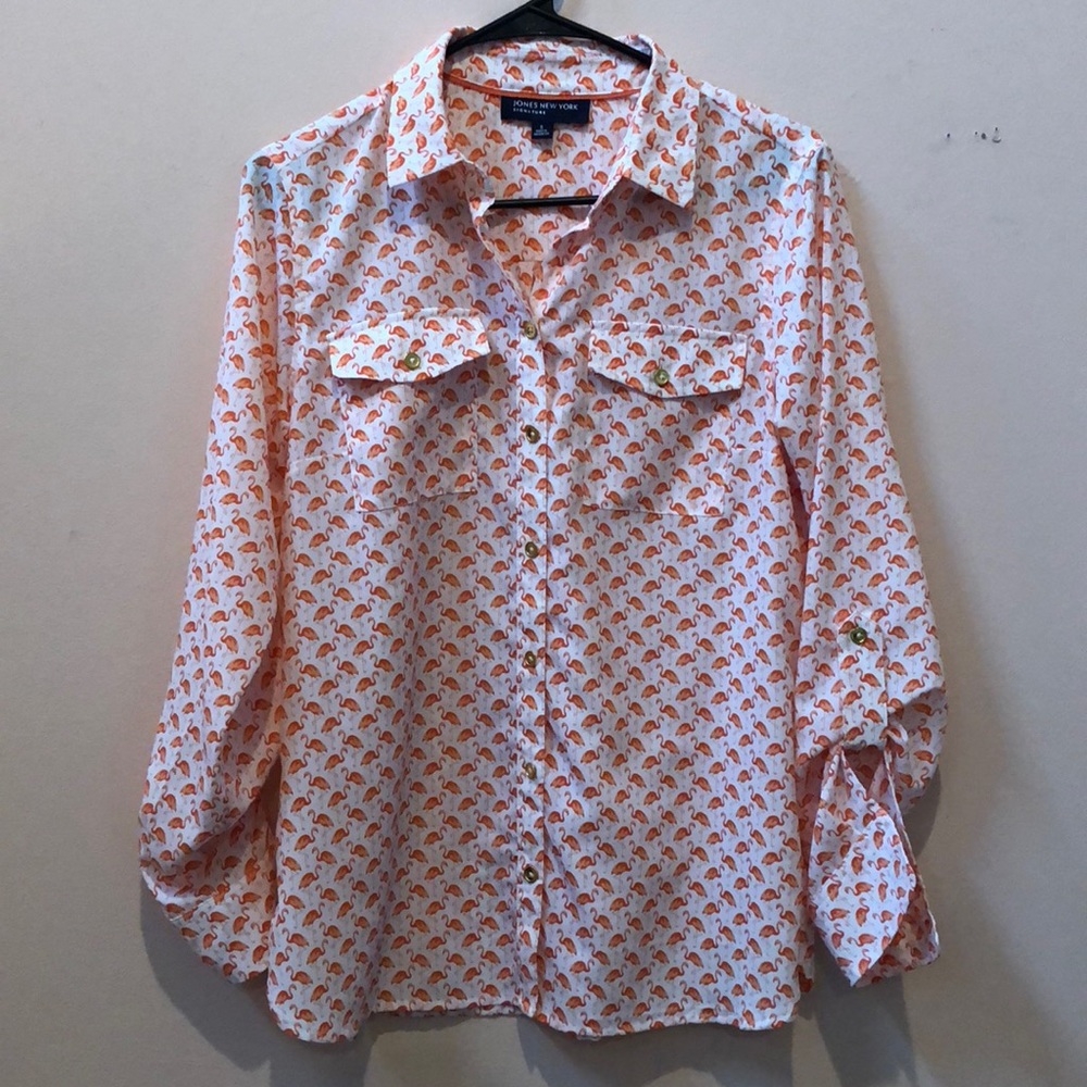 Flamingo Print Button-Down Blouse - image 4